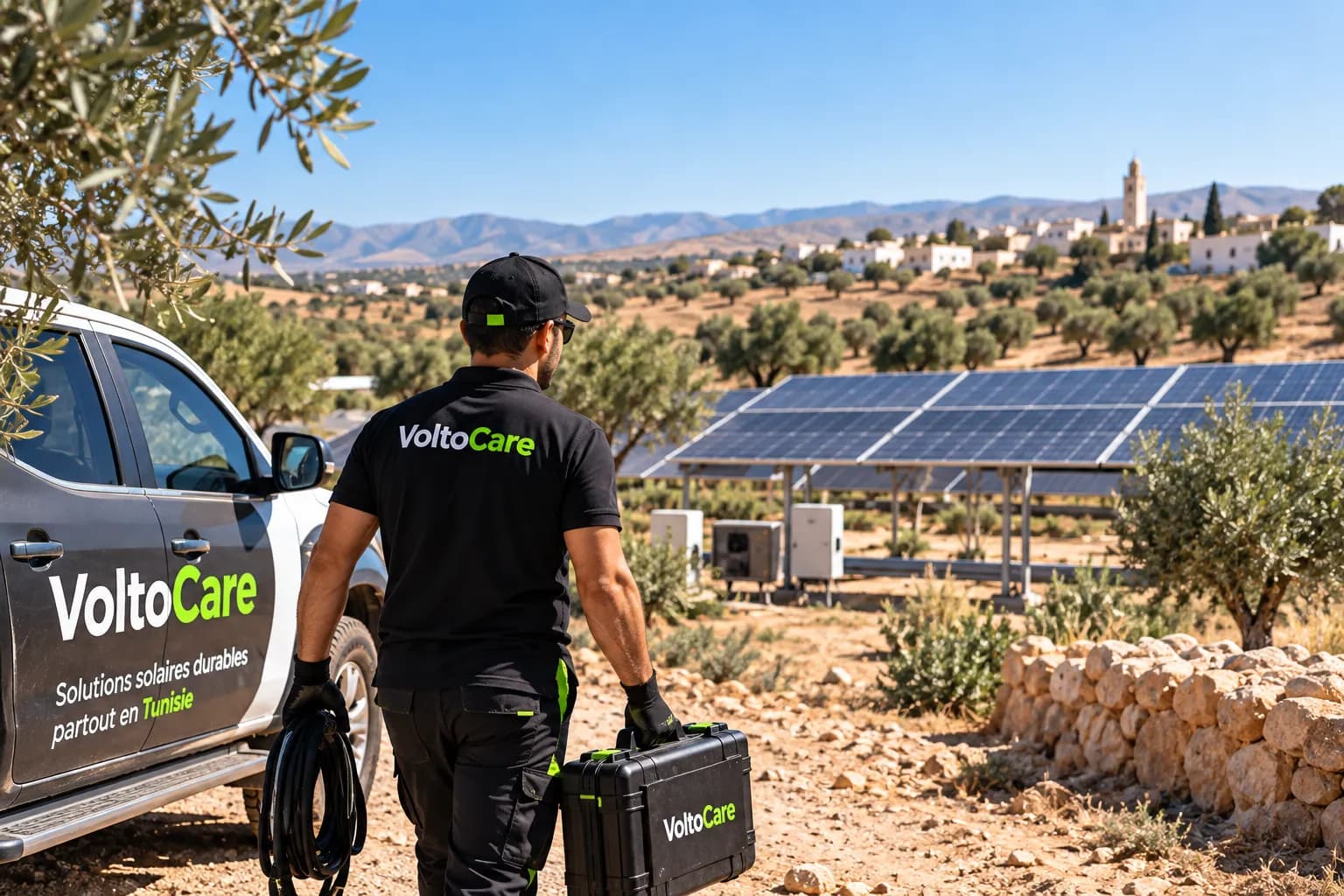 Technicien VoltoCare intervenant sur une installation photovoltaïque en environnement agricole